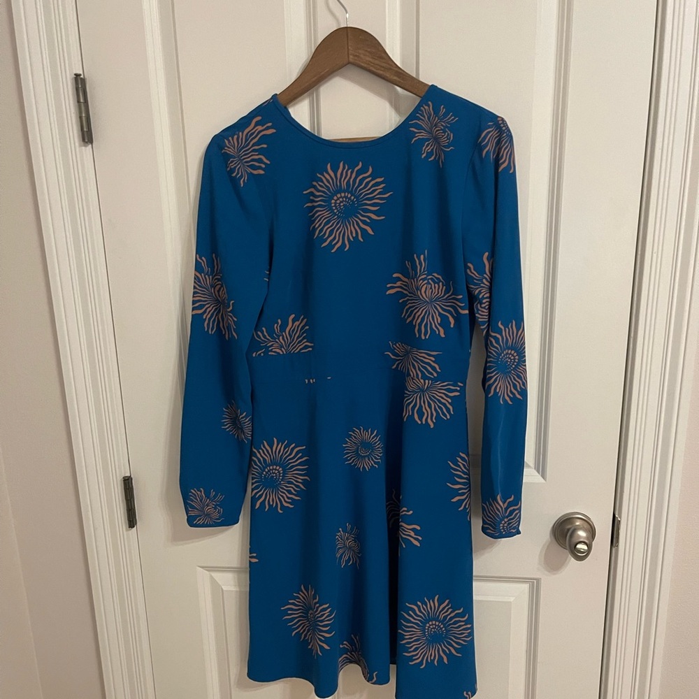 LOFT Blue Long Sleeve Sunburst Print Dress